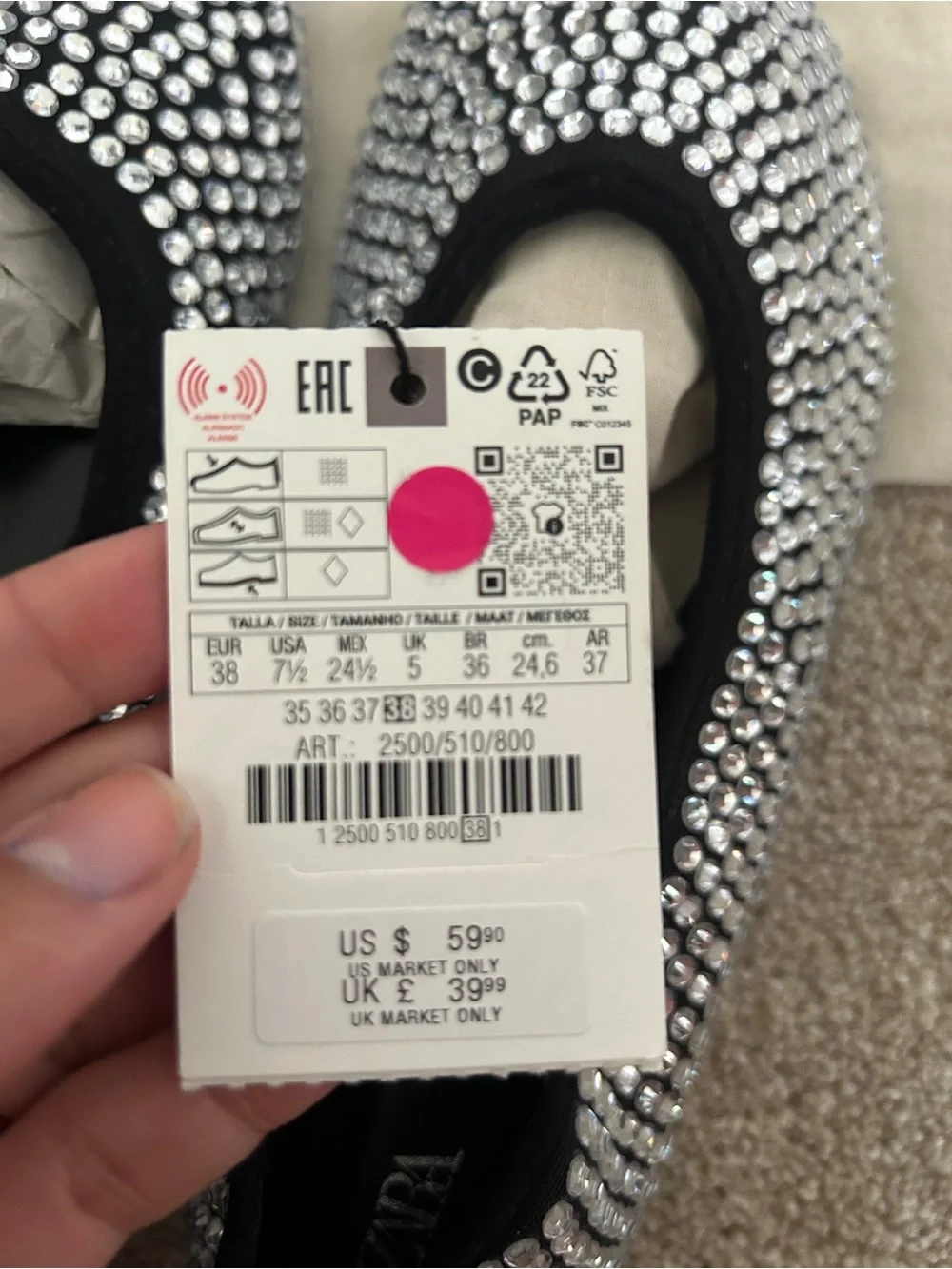 Zara black ballet flats with silver rhinestones